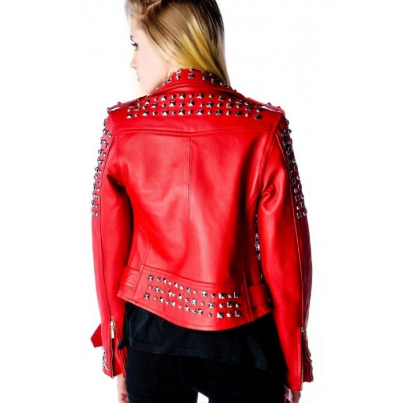 Women Red Color Leather Jacket Silver Studded Genuine Leather Jacket 